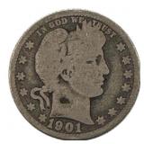 1901 Barber Quarter, 90% Silver