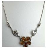 925 Silver Central Baltic Amber Flower Necklace
