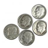 (5) 1950-64 Roosevelt Dimes, 90% Silver