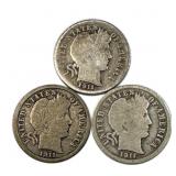(3) 1911 P-D-S Barber Dimes 90% Silver