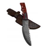 Lg Damascus Steel Fixed Blade Knife w/ Sheath