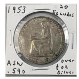 1953 Portugal 20 Escudos Silver Coin