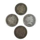(4) 1907-1912 Barber Silver Dimes, 90%
