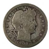 1906-O Barber Silver Quarter, 25c, 90%