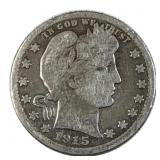 1915 Barber Silver Quarter, 25c US Coin, 90%