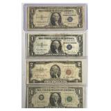 (2) 1935 Silver Certs, 1953 $2, 1963B Barr $1