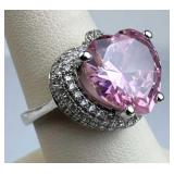 925 Silver Central Pink Heart CZ w/ Accent Ring