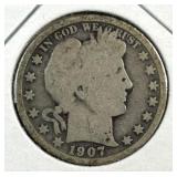 1907 US Barber Half Dollar 90% Silver