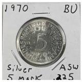 1970 Germany Silver 5 Mark BU, .225 ASW