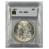 1921 Morgan Silver Dollar ICG MS61, 90%