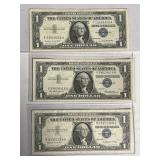 (3) AU+ 1957A US $1 Silver Certificates, Blue