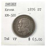 1876 Sweden 1 Krona Coin, Quality Coin