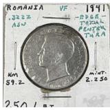 1941 Romania Silver 250 Lei Coin