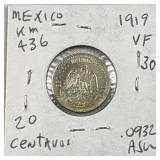 1919 Mexico Silver 20 Centavos Coin