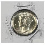 1944-D Ch BU Mercury Silver Dime, 10c, 90%