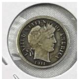 1911 Barber Silver Dime, Full Liberty, 90%