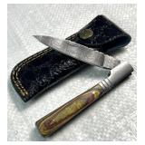 Damascus Steel Folding Blade Knife w/ Sheath