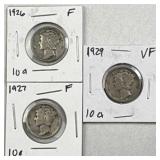 (3) 1926, 1927, 1929 US Mercury Dimes, 90% Silver