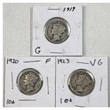 (3) 1919, 1920, 1923 US Mercury Dimes, 90% Silver