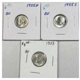 (3) 1955-P/D/S US Roosevelt Dimes, MS 90% Silver