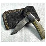 Damascus Steel Folding Blade Knife w/ Sheath
