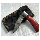 Damascus Steel Folding Blade Knife w/ Sheath