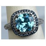 925 Silver Cushion Cut Aquamarine w/ Tanzanite & D
