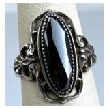 925 Silver Vtg Elongated Black Hematite Ornate Scr