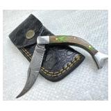 Damascus Steel Folding Blade Knife w/ Sheath