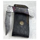 Damascus Steel Folding Blade Knife w/ Sheath