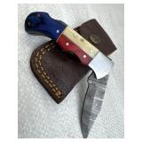 Damascus Steel Folding Blade Knife w/ Sheath