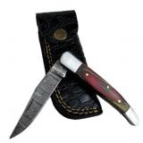 Damascus Steel Folding Blade Knife w/ Sheath