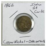 1862 US Indian Head Cent, Copper-Nickel, Oak Wreat