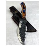 Lg Damascus Steel Fixed Blade Knife w/ Sheath