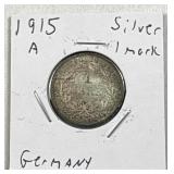 1915-A Germany 1 Mark, Imperial 90% Silver