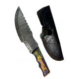 Lg Damascus Steel Fixed Blade Knife w/ Sheath