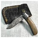 Damascus Steel Folding Blade Knife w/ Sheath