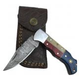 Damascus Steel Folding Blade Knife w/ Sheath