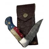 Damascus Steel Folding Blade Knife w/ Sheath