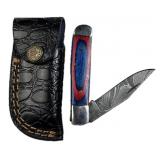 Damascus Steel Folding Blade Knife w/ Sheath