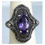 925 Silver Vtg Art Deco Marquise-Cut Amethyst Ring