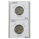 (2) 1939 P/D Silver US Washington Quarters