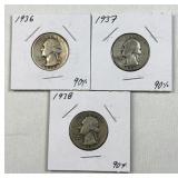 (3) 1936-38 Silver US Washington Quarters