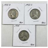 (3) 1935 P/D/S Silver US Washington Quarters