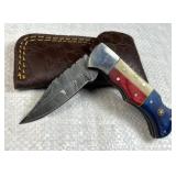 Damascus Steel Folding Blade Knife w/ Sheath