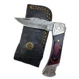 Damascus Steel Folding Blade Knife w/ Sheath