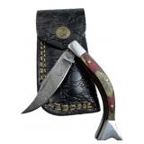 Damascus Steel Folding Blade Knife w/ Sheath