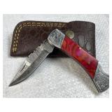 Damascus Steel Folding Blade Knife w/ Sheath