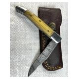 Damascus Steel Folding Blade Knife w/ Sheath