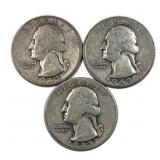 (3) 1943-P,D,S Silver Washington 25c WWII Era